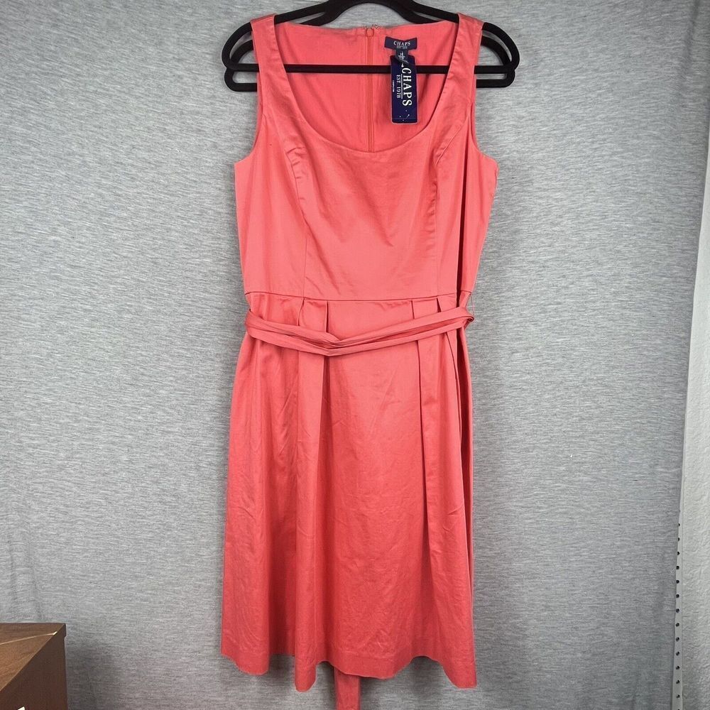 Chaps Coral Pink Fit And Flare Sleeveless Dress with Belt Size 14 NWT MSRP $80